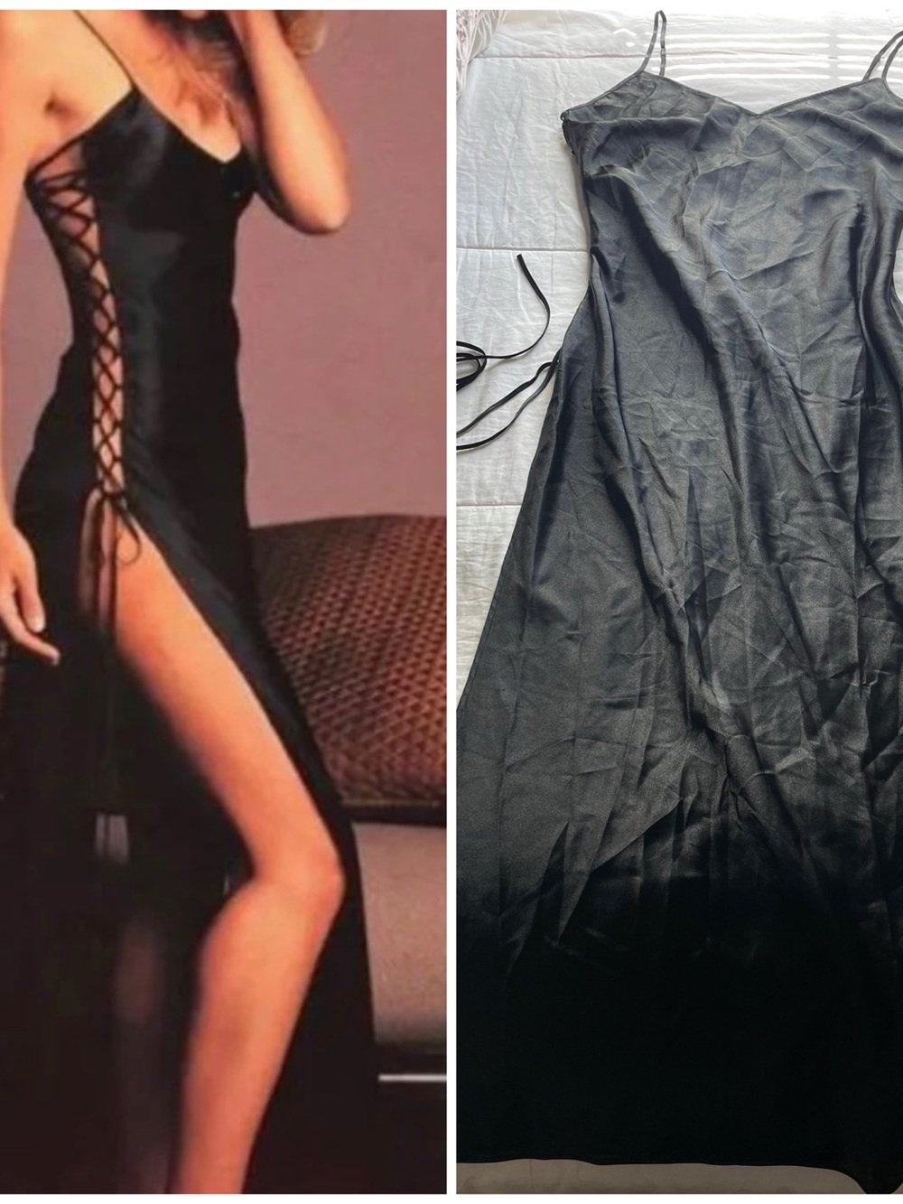 Victorias Secret Y2K Black Satin Lace Up Side Maxi Dress XL Vamp Whimsigoth 00s